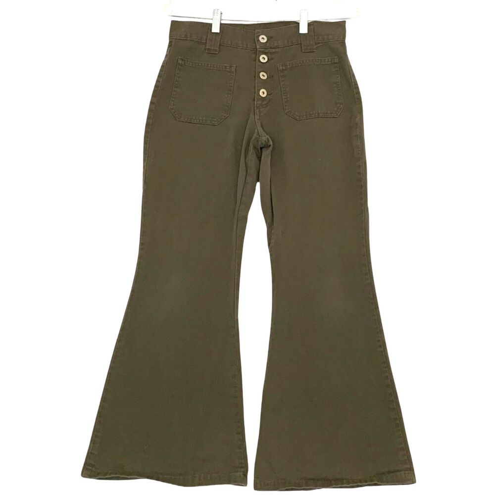 Olive Green Mid-High Rise Flare Button-fly Jeans Women Size 7